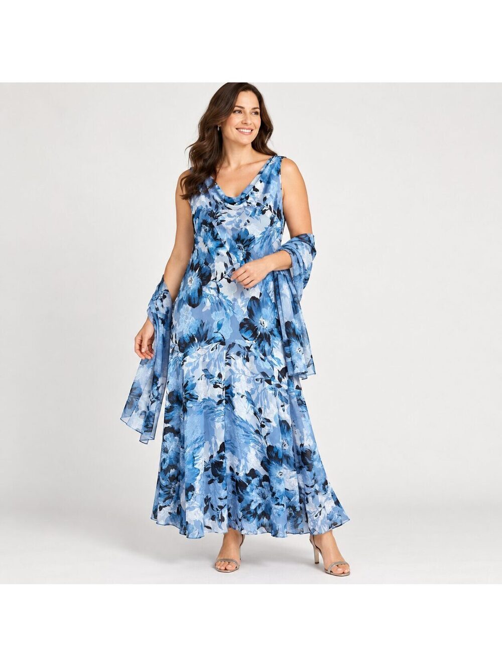 Alex Evenings NWT Size 18 Blue Floral Maxi Dress Scarf 2 Piece Formal